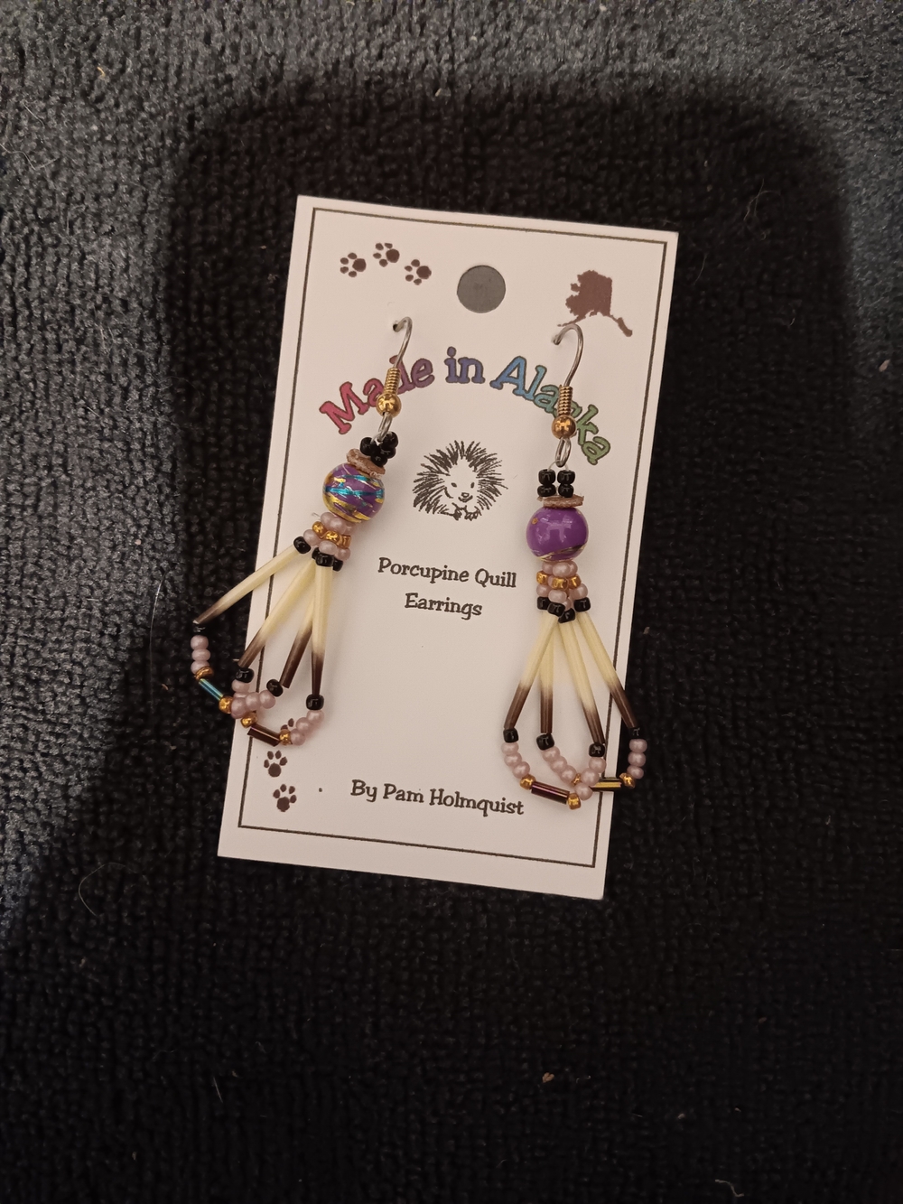 Artisan Purple and Cream Porcupine Quill Drop Earrings